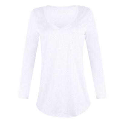 

Sexy Women Solid Color Deep V Long Sleeve Top Front Pocket Loose Tunic T-shirt