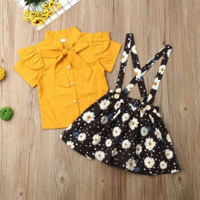 

UK Baby Girl Summer T-Shirt Top Floral Bib Skirts Toddler Kid Outfits 2pcs Set