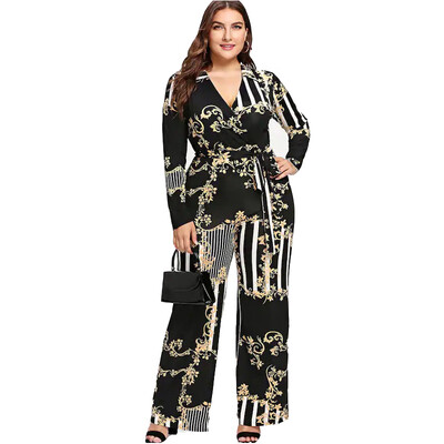 

Ladies Sexy 3D Printing Jumpsuit V-Neck Plus Size Long-Sleeved High Waist Tie Wide Leg Jumpsuit Trousers