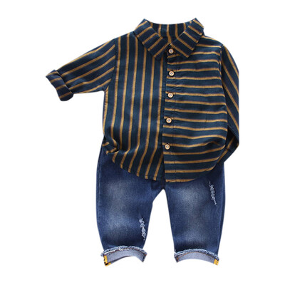 

Comfort 2 Piece Clothing Set Long Sleeve Stripe Shirt Denim Pants Trouser Set Casual Suit Toddler Boy Outfit Set