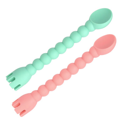 

Toponeto Cute Silicone Baby Spoon Fork 2-In-1 Self-Feeding Baby Spoon Tools Kitchen 2Pcs