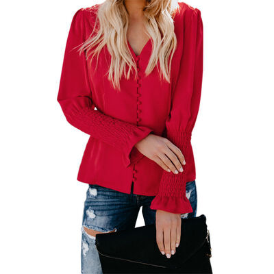 

Blouse Women Autumn Fashion Concise Solid V-neck Casual Long Sleeve Blusas Slim Fit Shirt Women Tops White Blouse