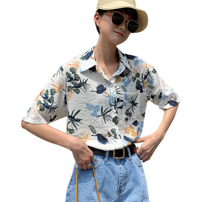 

Floral Print Women Blouses Summer Turn-down Collar Short Sleeve Shirt Korean Beach Casual Loose Blouse Women Printed Tops