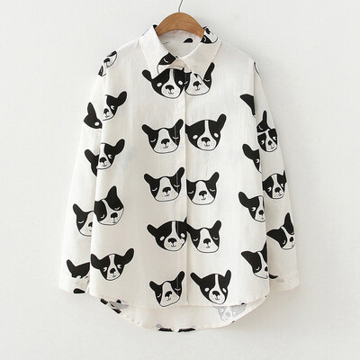 

Tailored Women Autumn Long Sleeve Cartoon Dog Print Loose Button Shirt Casual Blouse Tops