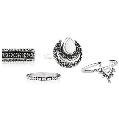 

New European Women Fashion Bohemian Retro Gypsy Silver Plated Opal Carvings Moon Tail Rings Causal Adjustable 4 Piece Ring Set