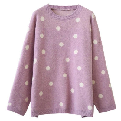 

Korean Sweet Women Knitting Sweater Polka Dot O-Neck Yellow Pullover Warm Autumn Long Sleeve Kawaii Jumper Loose Streetwear