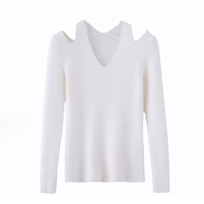 

New Slim Solid Color Off The Shoulder Sweater Korean Style Sexy V-neck Long Sleeve Women Knit Pullover For Autumn