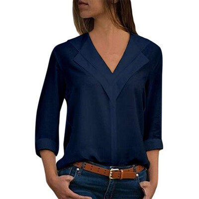 

Blouses Women Long Sleeve Solid Color Shirts Fashion Girl V-neck Chiffon Shirt Office Ladies Plain Roll Sleeve Female Blouse Top