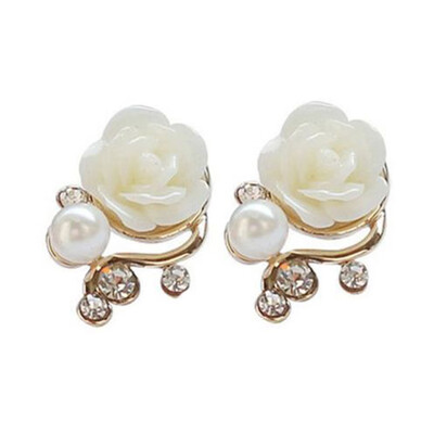 

New Fashion Chic PinkWhiteGreen Rose Flower Gorgeous Crystal Rhinestone Pearl Stud Earring