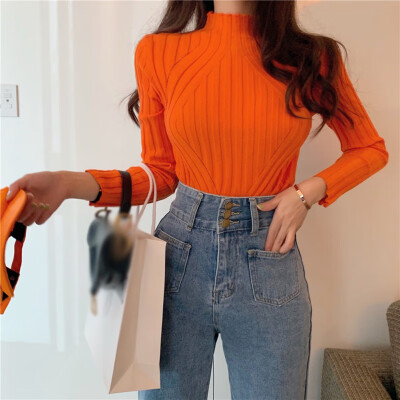 

Lady Casual Long Sleeve Sweater Autumn Winter Women Half Turtleneck Knitted Pullovers Bottom Solid Color Slim Sweaters