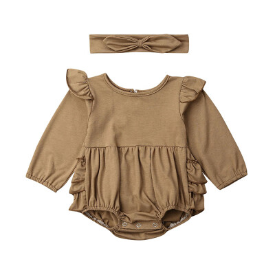 

Baby Girl Cotton Infant Long Flare Sleeve Autumn JumpsuitHeadband Newborn Romper Set