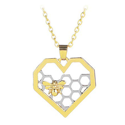 

Women Bee Pattern Necklace Lady Girl Alloy Hollow Out Heart Shape Neck Pendant Animal Jewelry