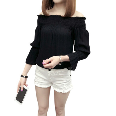 

Sexy Sleeve Slash Neck Soild Shirt New Summer Autumn Plus Size Strapless Off Shoulder Ruffles Feminine Blouses Ladies Tops
