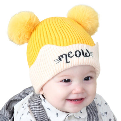 

Winter Newborns Hats Cute Warm Kids Girls Boys Baby Letters Print Plush Ball Design Hats Knitted Hemming Caps