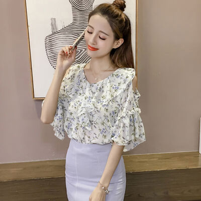 

Fashion Print Off Shoulder Ruffles Flare Sleeve Ruffled Collar Chiffon Blouses Sweet Woman Tops Half Sleeve Female Shirts