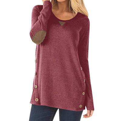 

European Autumn Round Collar T-shirt Women Button Pullover Tops Patch Decor
