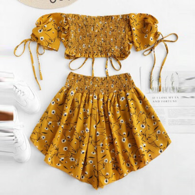 

Women Off Shoulder Cinched Floral Crop Top Slash Neck Short Sleeves High Waist Shorts Set