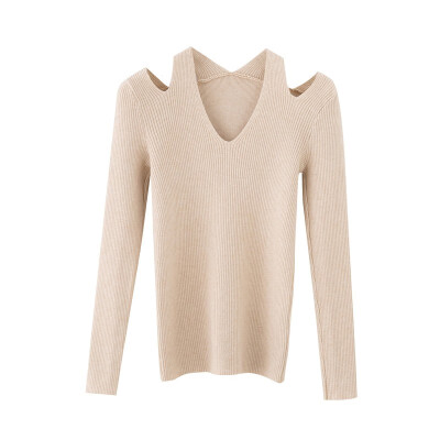 

New Slim Solid Color Off The Shoulder Sweater Korean Style Sexy V-neck Long Sleeve Women Knit Pullover For Autumn