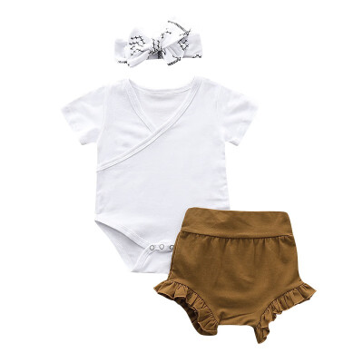 

Summer Baby Girl Casual Short Sleeve Cotton Romper Tops Briefs Shorts With Headband Outfits Set