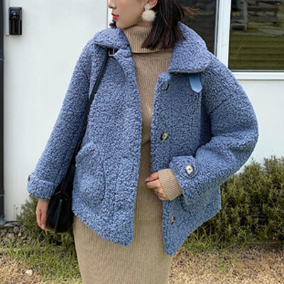 

Toponeto Women Outwear Long Sleeve Lamb Hair Stand Collar Warm Coat Plush Jacket Overcoat
