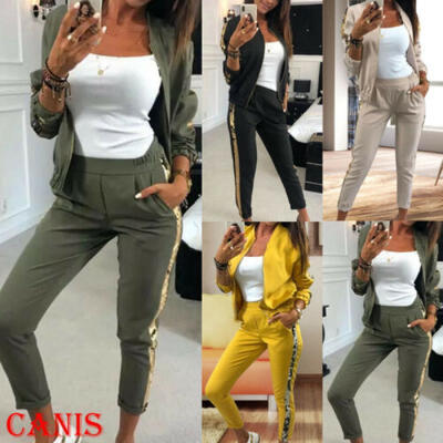 

US Women 2pcs Zipper up Tracksuit Sweatshirt Pants Set Sport Jogging Casual Suit
