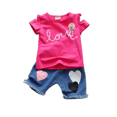 

Summer new childrens clothing baby girls clothes English print short-sleeved T-shirtdenim shorts two-piece