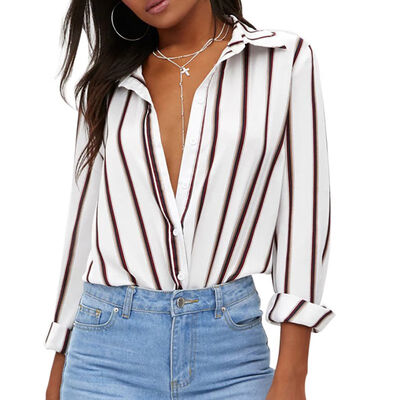 

Europe&the United States Striped Fashion Tops&Blouses Elegant Lapel Long Sleeve Blouse Ladies Casual Tops Feminina