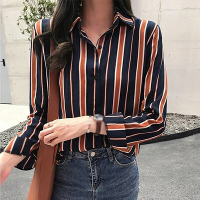 

Womens Casual Long Sleeves Loose Blouse Lapel Collar Stripe Print Button Tops