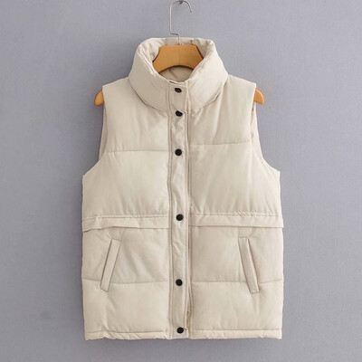 

Toponeto Women Solid Short Outerwear Cotton Jackets Pocket Loose Stand Vest Coats