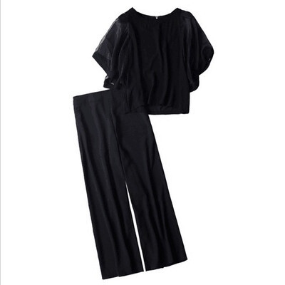 Womens Chiffon Fashion O-Neck Solid Top And Ankle-Length Wide Leg High Waist Pants Set