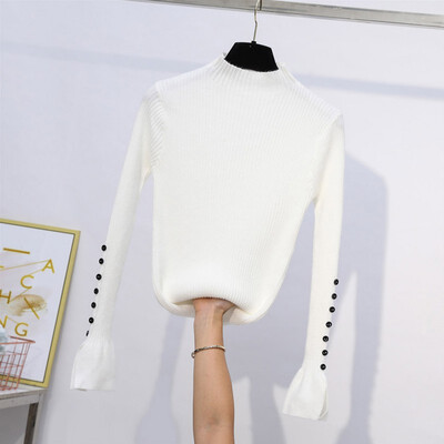 

Women Sweater Solid Color Korean Slim Bell Sleeved Half High Collar Pullover Slim Winter Bottom Knit Autumn Button Sleeve Jumper