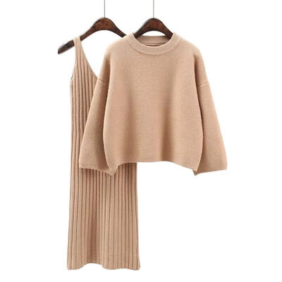 

Women Knitted Long Skirt Two-Piece Solid Color O Neck Pullover Slim Autumn Winter 2PCS Set