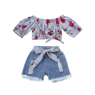 

Summer Print Girl Clothes Set Off Shoulder Flower Top Jeans Shorts Toddler Baby Girl Clothes Set Fashion Princess Clothes Set