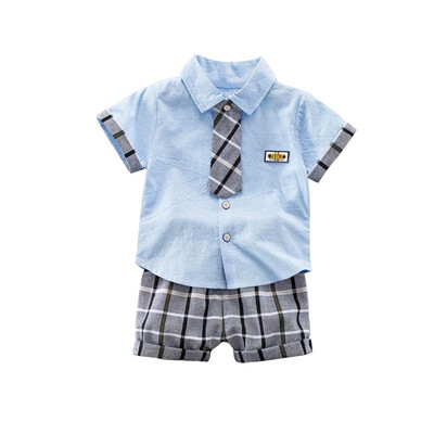 

2019 New childrens suit baby boys clothes with tie short-sleeved shirt short sleeveplaid shorts 2pcs