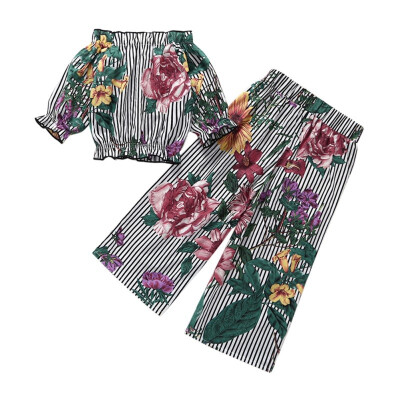 

Fashion Cute Toddler Girl T-shirt Pants Set Girl Floral Print Off-shoulder T-shirt Blouse Tops Trousers Pants Casual Outfits