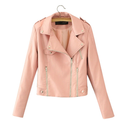 

Gobestart Womens Casual Solid Color Lapel Zipper Long Sleeve Leather Jacket Coat