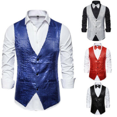 

Hot Men Blazer Vest Slim Waistcoats Jacket Sequin Party Stage Coat Fit Tops