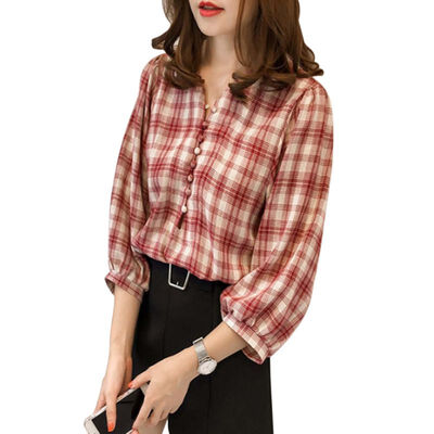 

Loose V-neck Plaid College Blouses Shirt Female Lantern sleeve Casual Women Button Tops Plus Size -4XL