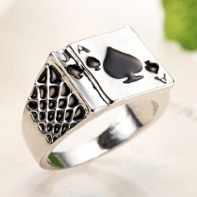 

New Arrivals Men Jewelry Chunky 18K White Gold Plated Black Enamel Spades Poker Ring Punk Style Ring