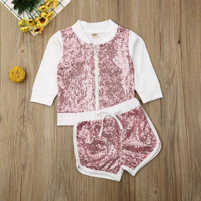 

US Toddler Kid Baby Girl Fall Clothes Sequins Pullover Tops Jacket Shorts Outfit