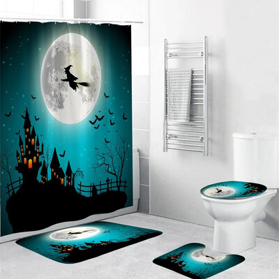 

〖Follure〗Halloween festival 4PCS Non Slip Toilet Polyester Cover Mat Set Bathroom Curtain