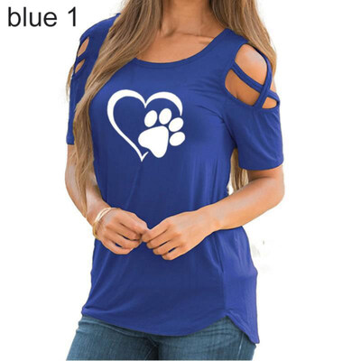 

Summer Casual Paw Print Cross Off Shoulder Short Sleeve O-Neck Women T-Shirt Top