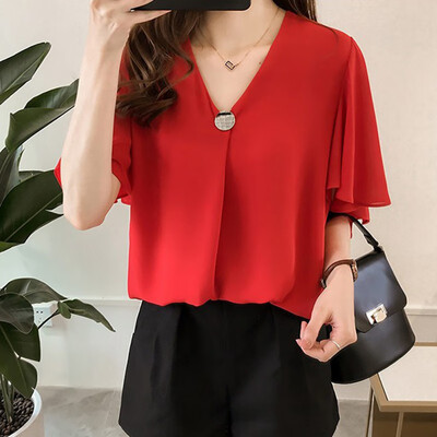 

Hot Sale New Loose Casual V-neck Butterfly Sleeve Half-sleeved Chiffon Shirt Fashion Sweet Solid Color Womens Plus Size Blouse