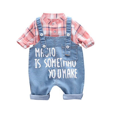 

New Autumn Baby Boy Clothes 0-3T Shirt Denim Bib Pants 2pcs Boy Set Fashion Cotton Letter Printing Plaid Pattern Childrens Set