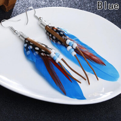 

2pair 10 Colors Beads Bohemian Wedding Statement Feather Hanging Earrings Fashion Jewelry Boho Long Dangle Earrings For Women