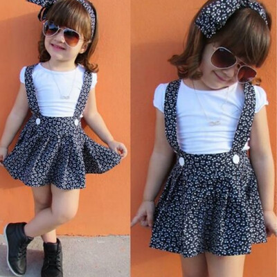 

Summer Baby Girl Casual Short Sleeve Print T-Shirt Tops Floral Strap Skirts With Headband Outfits Set