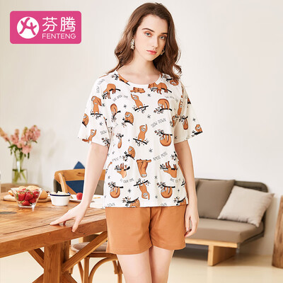 

Fen Teng 2019 new casual simple pattern printing round neck pullover cotton long-sleeved home service ladies pajamas X980A21846 white