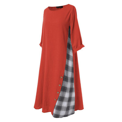 

Women Autumn Casual Dress Long Sleeve Round Neck Loose Casual Plaid Print Stitching Ethnic Dress
