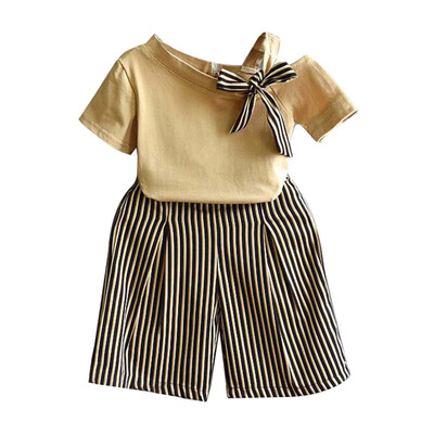 

2Pcsset Children Girls Clothing Casual Summer Short Sleeve T-shirtStriped Print Shorts Suits Costume Sets