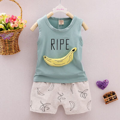 

2 pcs Sets Baby Boys Girls Sets Banana Print Sleeveless Vest Cotton Children Clothing VestShort Pants Suit For 0-4Y